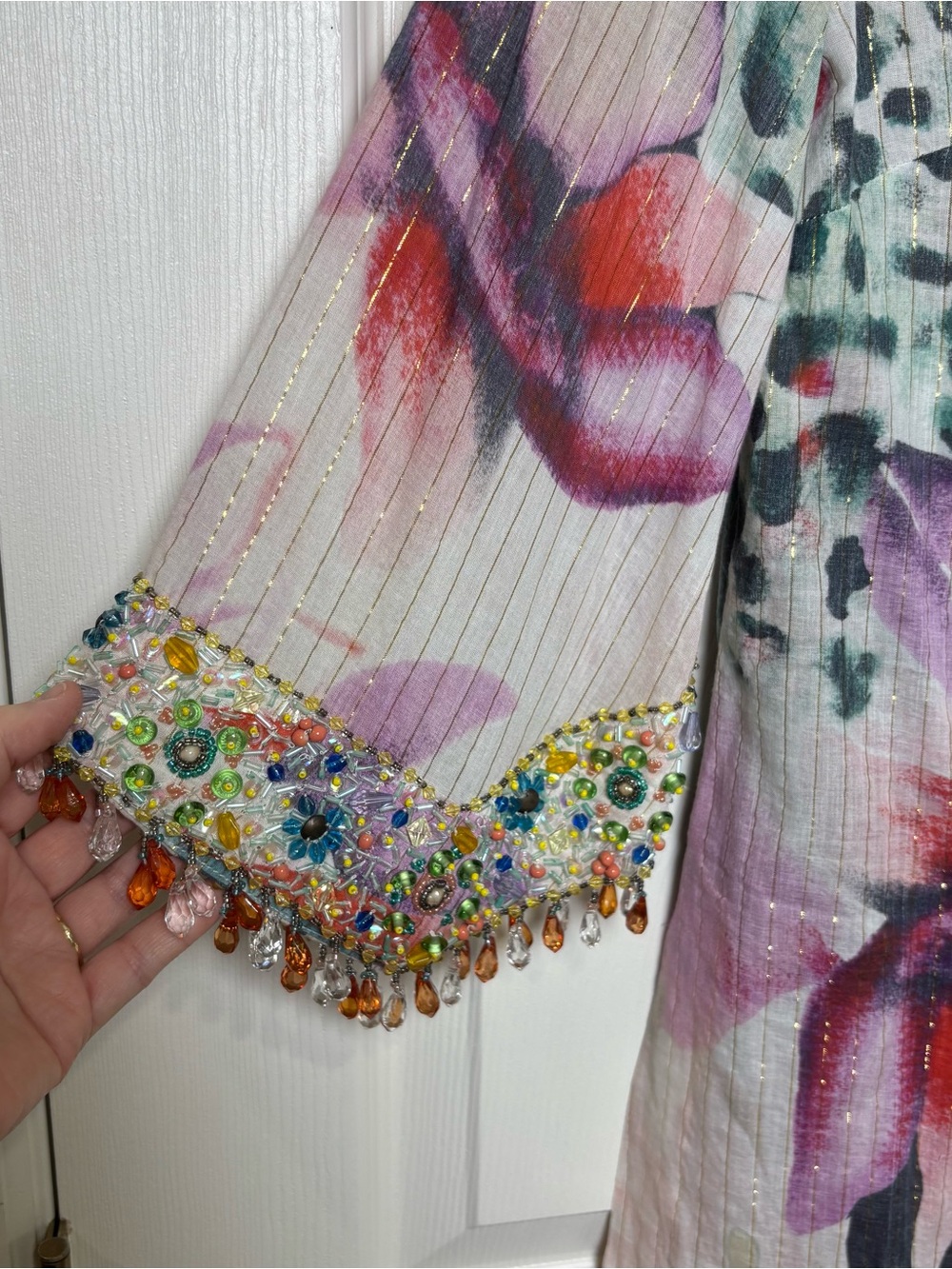 Boston Proper Blouse Top Women Large Beaded Floral Tunic SemiSheer Gypsy Boho - Picture 7 of 9